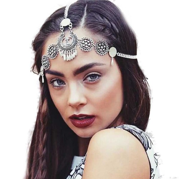 Missgrace Bohemian Vintage Dainty Silver Metal Chain Jewelry Headband Head Hair Band Tassels Pearl Bridal Head Chain for Women