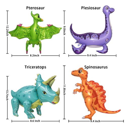 BlingABC 4Pack Giant 3D Dinosaur Balloons Standing Inflatable Dino Aluminium Foil Balloons Decoration for Kids Birthday Baby Shower Jungle Party Supplies