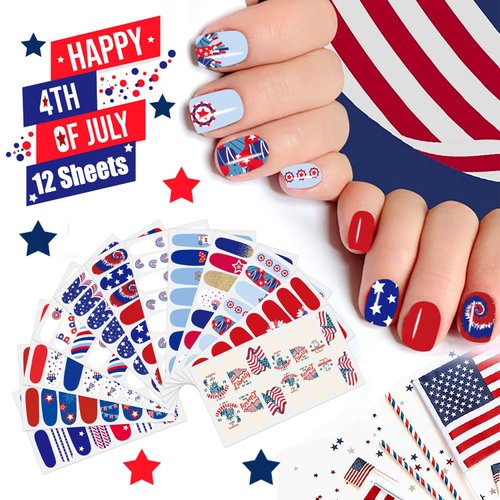 JERCLITY 168 Pieces 12 Sheets Independence Day Nail Wraps for Short Nails 4th of July Nail Polish Strips Patriotic American Flag Nail Strips Self-Adhesive Nail Stickers for Memorial Day