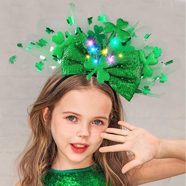 Unicra St Patricks Day Headband Light up Shamrock Sequins Bow Headwear Green Party Costume Hair Accessories for Women and Girls