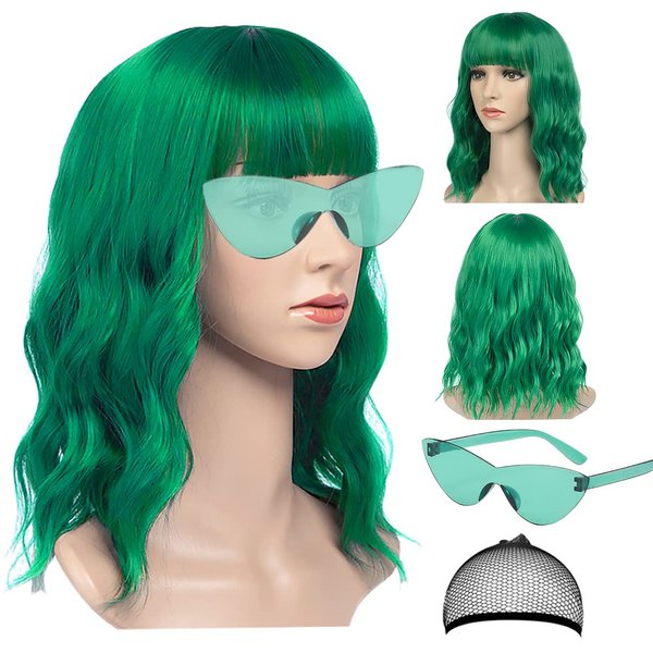 Green Wig and Sunglasses Set - 15 Inch Wavy Wig With Bangs - Heat Resistant Bob Wig - Short Curly Wavy Wig - Shoulder Length Wigs for Women - Bachelorette Party Costume Cosplay Wigs (Green)