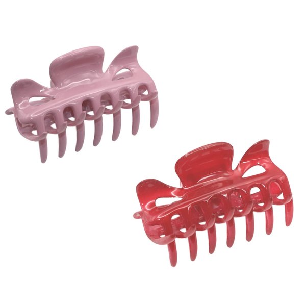 Parcelona French Classic Small 2.5" Celluloid No Slip Grip Set of 2 Covered Spring Jaw Hair Claw Durable Styling Women Hair Accessories Strong Hold Girls Hair Claw Clips, Made in France (Light Pink -Glossy Red)