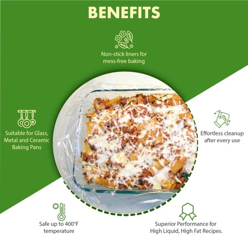 Regency Wraps Baking Dish Buddies, Non-Stick Liners For Mess-Free Casseroles Dishes, Baking Sheets, glass and metal baking pans, Clear, 14.5" x 19" (Pack of 25)