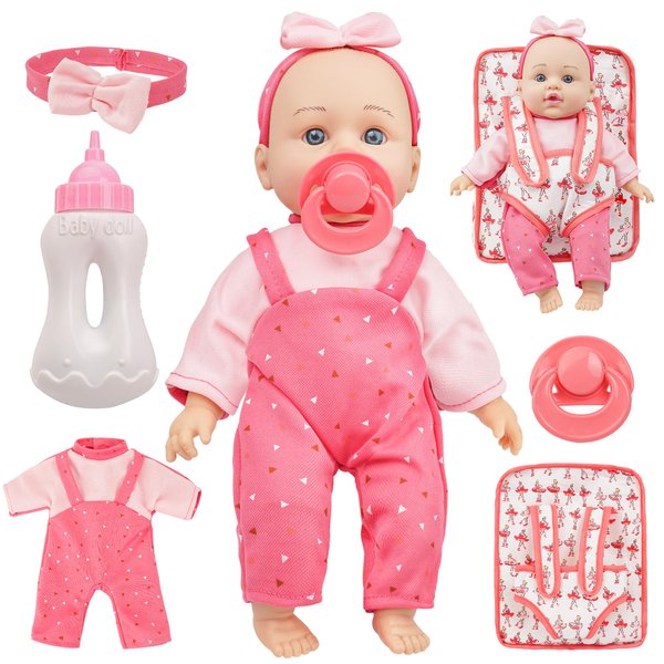 SMILESSKIDDO 12" Soft Body Baby Doll in Take Along Backpack Carrier, Doll with Accessories Pretend Play Set Toddler Toys, Gifts for Age 3+ Years Old Girls Kids