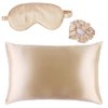 Soft Satin Eye Sleeping Mask and Pillowcase Set Satin Pillowcase and Eye Mask with Scrunchie for Girls (Beige)