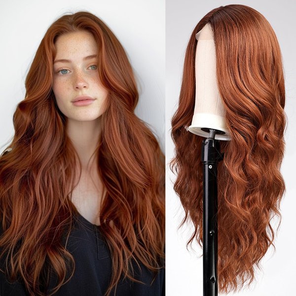 EMMOR Long Ginger Wavy Wig for Women Lace Front Wigs Auburn Natural Looking 26 Inch Middle Part Curly Wig Heat Resistant Synthetic Wigs for Daily Party Use