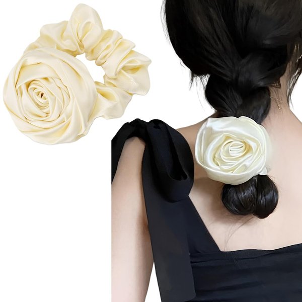 Satin Rose Hair Scrunchies Flower Hair Bows for Women Girls Silk Scrunchy Hair Elastics for Long Thick Hair Rubber Bands with Rose Flower Hair Ponytail Holders for Teen Girls