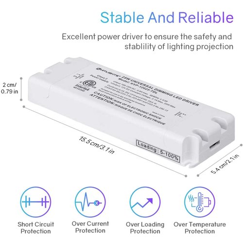 HitLights 25W Dimmable LED Driver Transformer, Power Supply 120V AC to 12V DC, Compatible with Lutron Leviton Dimmers, for LED Strip Lights, Constant Voltage LED Projects, ETL Listed
