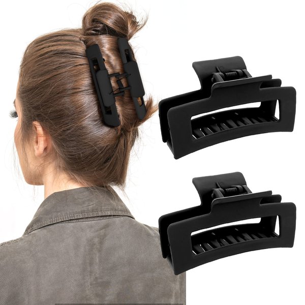 WLLHYF 2 Pieces Square Claw Clips 3.5 Inch Medium Hair Claw Clips Matte Non-slip Hair Clamps Fashion Strong Hold Banana Clips Hair Styling Accessories for Women Girls Thick Thin Hair (2 Black)