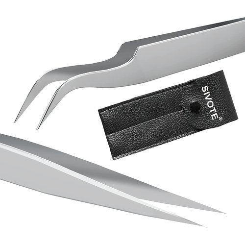 SIVOTE Eyelash Tweezers, 2-Pack, Hand Calibrated Straight and Curved Tips, Stainless Steel Lash Tweezers for Eyelash Extensions, Matte Silver