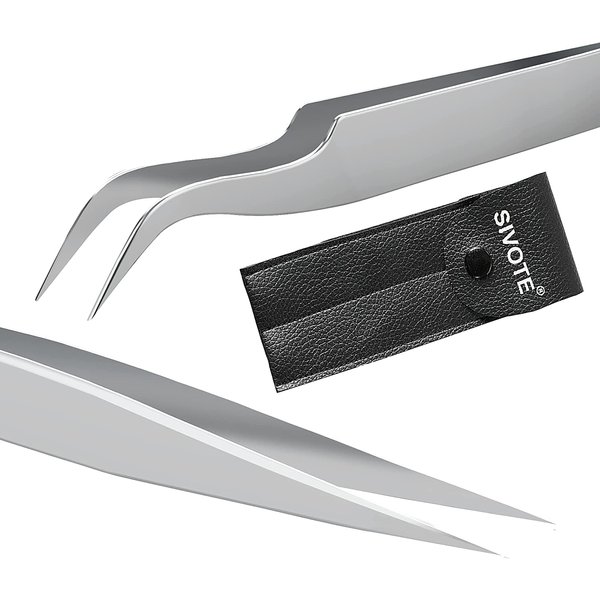 SIVOTE Eyelash Tweezers, 2-Pack, Hand Calibrated Straight and Curved Tips, Stainless Steel Lash Tweezers for Eyelash Extensions, Matte Silver