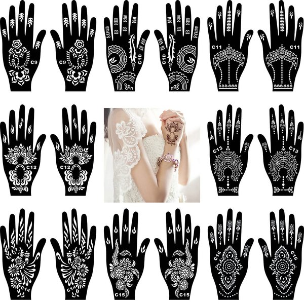 16Sheets Henna Tattoo Stencils Kit for Hand, Reusable Indian Arabian Temporary Tattoo Template Mehndi Stencil