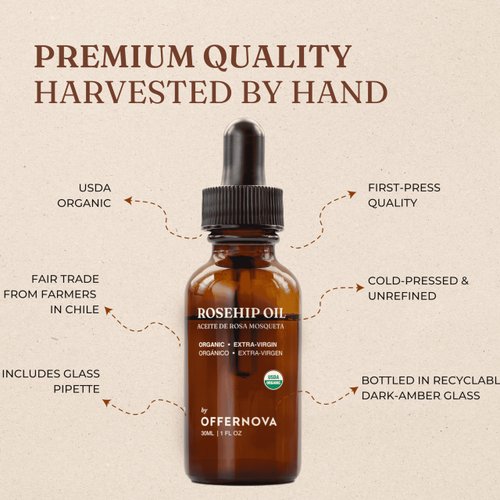 Offernova Organic Rosa de Mosqueta Oil- USDA Certified Rosehip Seed Oil Pure Cold Pressed, Repairs Scars, Stretch Marks & Fine Lines - Gua Sha Massage, Face, for All Skin Types - Aceite Facial 1OZ