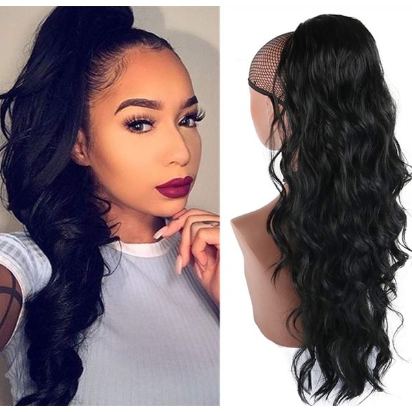 CINHOO Long Body Wavy Drawstring Ponytail Clip in Curly Black Ponytail Extension Synthetic wig Black Curly Wavy Pony Tail Hairpiece for Women 24 Inches Holiday Gift (Black)