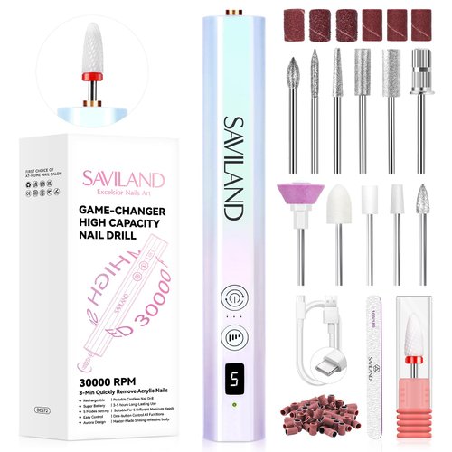 SAVILAND 30000RPM Electric Nail Drill - for Ultrafast Remove Acrylic Nails, Cordless Lightweight Electric Nail File with 12 Drill Bits Professional-Grade Manicure Pedicure Nail Care Home Salon