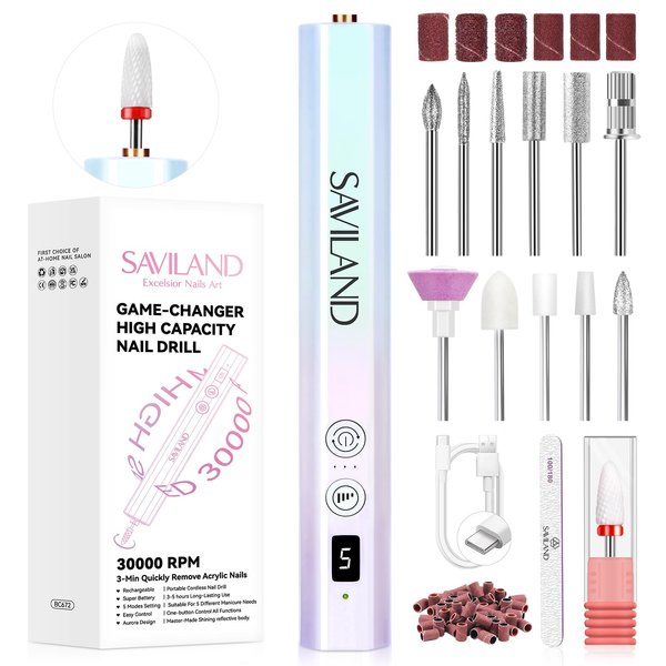 SAVILAND 30000RPM Electric Nail Drill - for Ultrafast Remove Acrylic Nails, Cordless Lightweight Electric Nail File with 12 Drill Bits Professional-Grade Manicure Pedicure Nail Care Home Salon