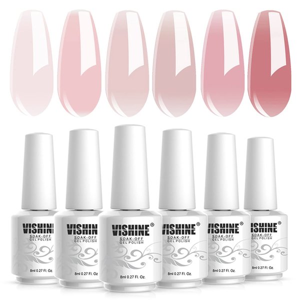 Vishine Nude Gel Polish Kit, Sheer Milky Pink Jelly Transparent Nail Polish UV LED Gel Nail Polish Varnish Nail Art DIY Saon 6Pcs 8ML