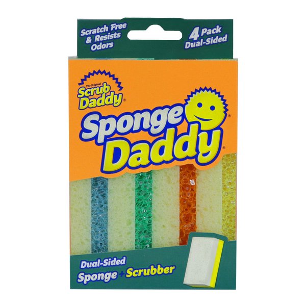 Scrub Daddy, Sponge Daddy - Dual Sided Sponge & Scrubber, Traditional Shape, FlexTexture, Soft in Warm Water, Firm in Cold, Deep Cleaning, Dishwasher Safe, Multiuse, Scratch Free, Odor Resistant, 4ct