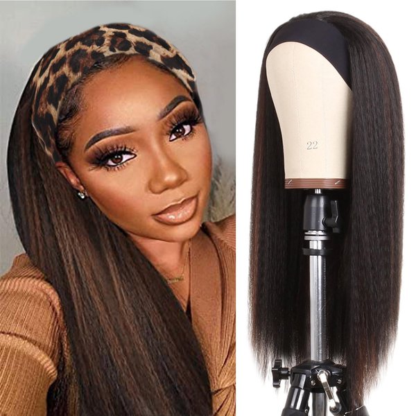 PWEOUKE 22 Inch Glueless Kinky Yaki Straight Headband Wigs Long Hair Wig High Temperature Heat Resistant Synthetic Head Wrap Wigs for Black Women, 1B30 Mix Brown