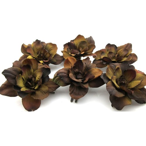 6 pc Lot Brown Apple Blossom Silk Flower Hair Clips