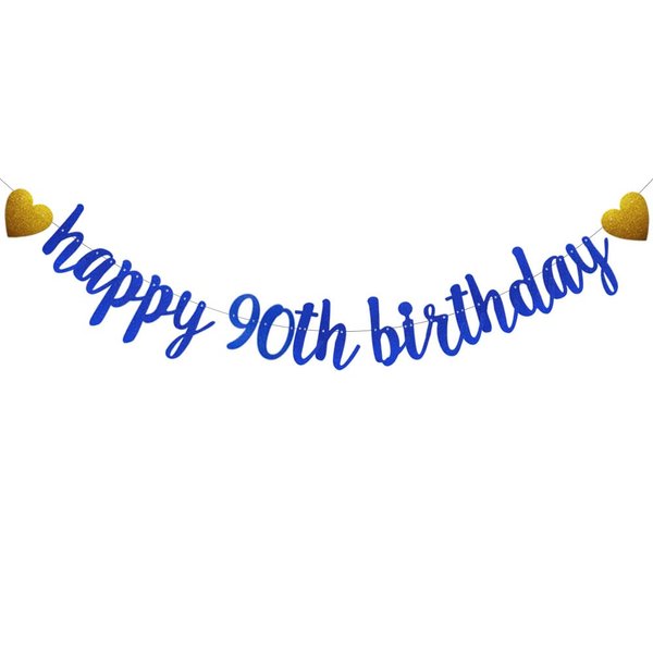 SUNbetterland Blue glitter Happy 90th Birthday Banner, Pre-Strung,Man's 90th Birthday Party Decorations Supplies, Happy 90th Birthday
