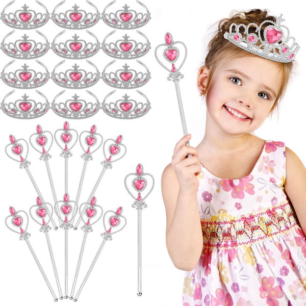 Lenwen 24 Pcs Princess Dress up Accessories Crown Tiara and Wand Set Include 12 Pcs Princess Wand and 12 Pcs Plastic Crown Kids Tiara for Little Girls Kids Toddler Costume Party Cosplay Gifts, Pink