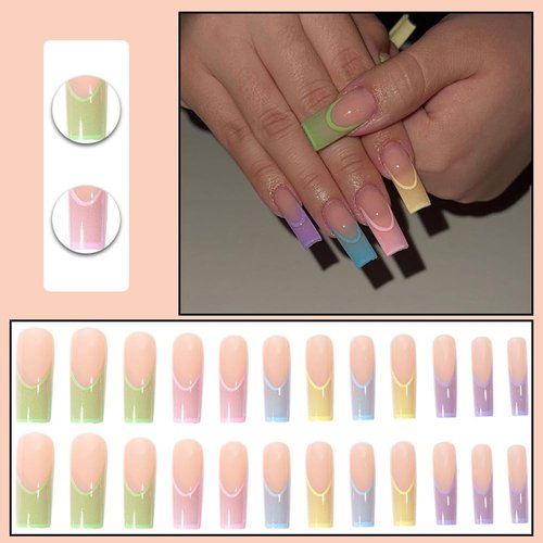 ANDGING Neon Long Press on Nails Square Fake Nails with Glue Acrylic Aesthetic Ballerina Glue on Nails with Designs Iridescent Gel Manicure False Nail for Women Stick ons Nails for Wedding Birthday