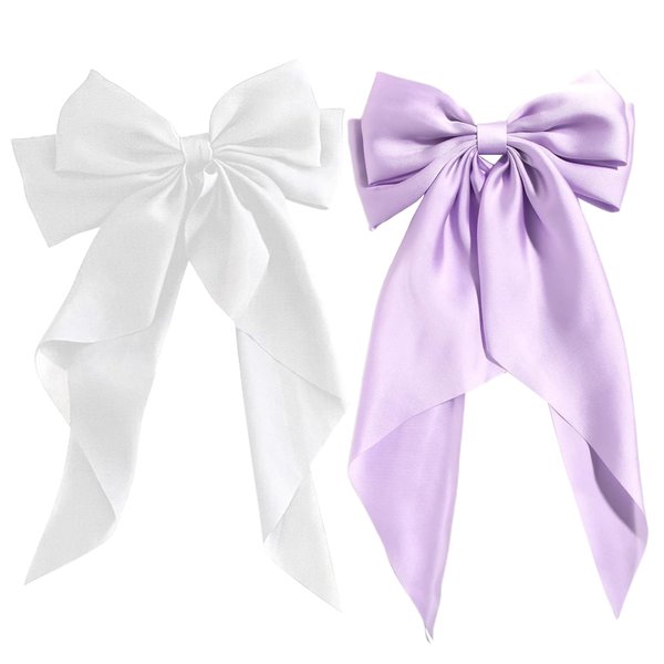2Pcs Hair Bows for Women, Beleki Satin Bows for Hair Silky Ribbon Hair Bow Barrettes with Long Tail Satin Bow Hair Clips Big Bows Hair Barrettes hair accessories for women (White + Purple)