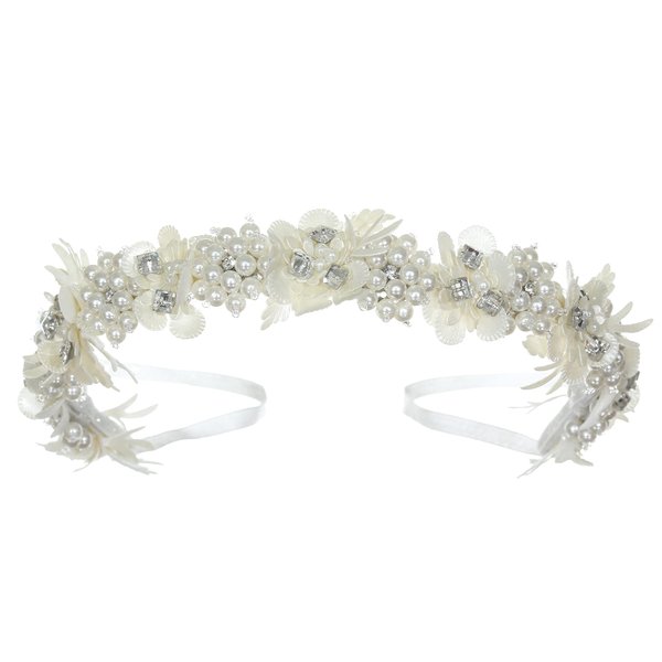 SAMKY Pearl Rhinestone Crystal Satin Communion Flower Wreath Headband T1303