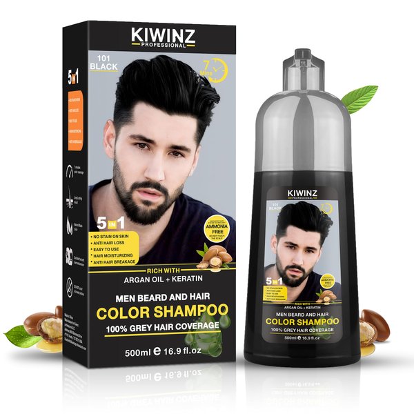 Kiwinz Professional Black Hair Color Shampoo for Men – 5 in 1 Hair Dye Shampoo for Grey Hair - Instant Hair Dye with 100% Color Accuracy with Natural Ingredients - Ammonia Free - 500ml (Black)
