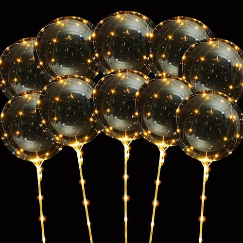 Hokoad LED Balloons Light Up Balloons, 10 Pack LED Balloons with Sticks, 20 Inch Clear Bobo Balloons with Lights Helium Glow Bubble Balloons Lights for Party Supplies Valentines Decor (Warm)