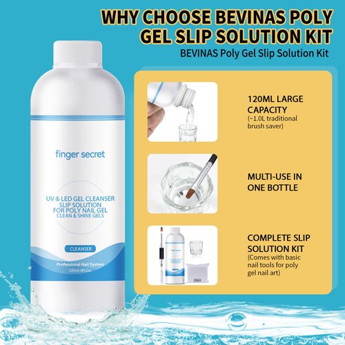 BEVINAS Slip Solution 4Fl.Oz Slip Solution Nail Extension Gel Liquid Slip Solution for Poly Gel Nails with Brush Spatula Glass Cup Nail Cleaning pads Easy DIY Poly Gel Nail