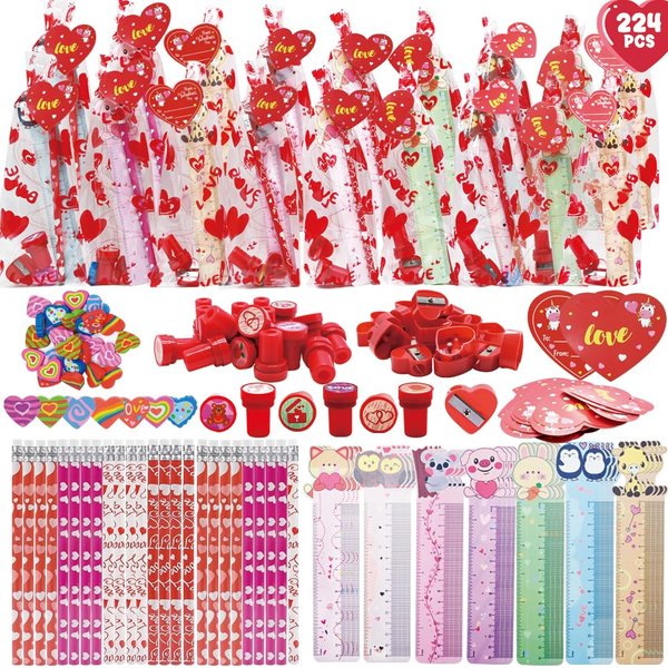 Valentines Day Gifts for Kids Classroom, 224 PCS Valentines Day Stationery Set with Pencils, Erasers, Rulers, Sharpeners, Cards for Kids Valentines Day Classroom Exchange, Valentine Party Favors