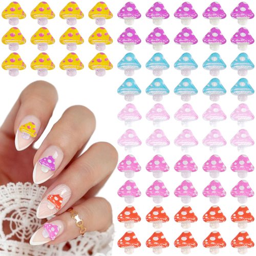 CHANZET 120pcs Cute 3D Mushroom Nail Charms, Cute Nail Glitter Charm for Nails Art, Kawaii Resin Nail Art Decorations Rhinestones Glitter Ornaments Gems for Acrylic Nail DIY Craft Design Manicure