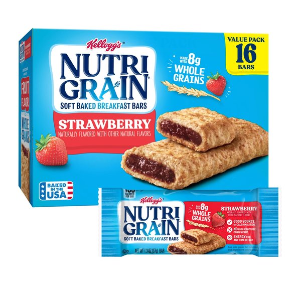 Nutri-Grain Soft Baked Breakfast Bars, Made with Whole Grains, Kids Snacks, Value Pack, Strawberry, 20.8oz Box (16 Bars)