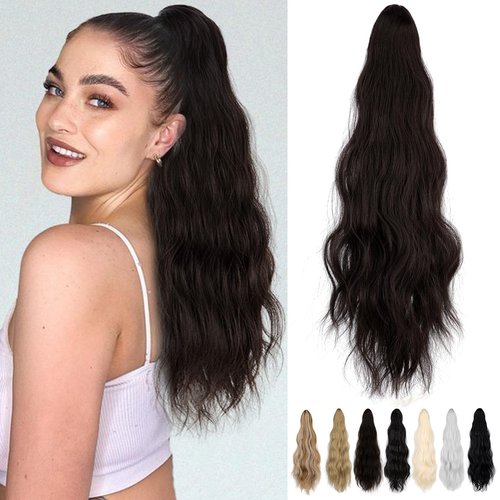 Wodelanle Ponytail Extension 22″ Claw Long Wavy Curly Clip in Ponytail Extension Natural Looking Synthetic Pony Tails Hair Extensions Hairpiece for Women - Chocolate Brown
