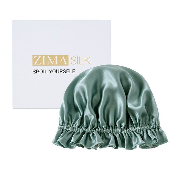 ZIMASILK 100% Mulberry Silk Bonnet for Women Hair Care, Double Layered, Silk Hair Wrap for Sleeping with Elastic Stay On (1Pc, Greyish Green+Ivory)