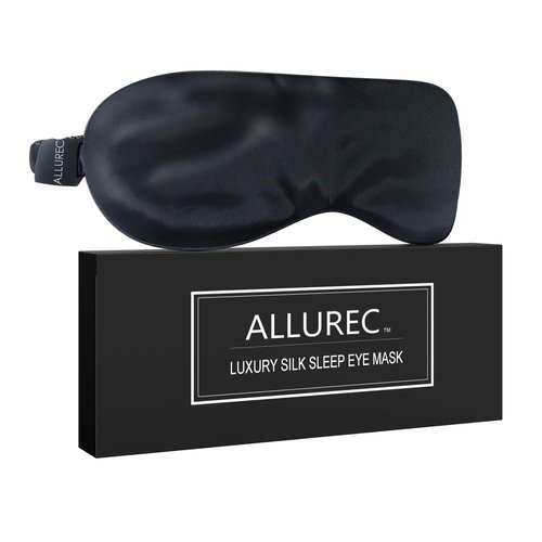 ALLUREC™ Luxury 100% Pure Mulberry Silk Sleep Eye Mask. Top Grade 6A 22 Momme Long Silk. Soft Comfortable Hypoallergenic Anti-Aging Anti-Wrinkles for Beauty Sleep. (Black)