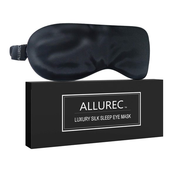 ALLUREC™ Luxury 100% Pure Mulberry Silk Sleep Eye Mask. Top Grade 6A 22 Momme Long Silk. Soft Comfortable Hypoallergenic Anti-Aging Anti-Wrinkles for Beauty Sleep. (Black)