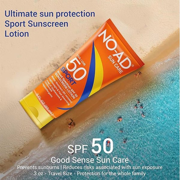 NO-AD SPF 50 SPORT Sunscreen Lotion | Hypoallergenic | Broad Spectrum UVA/UVB Protection | Water Resistant | Octinoxate & Oxybenzone Free with moisturizing Vitamin E and Aloe 3oz | Travel size