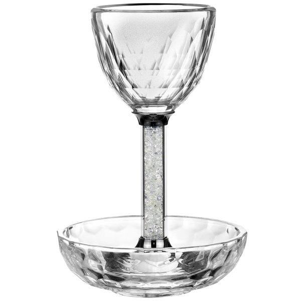 BOKER-TOV SHALOM Crystal Kiddush Cup Set - Premium Kiddush Wine Cup and Saucer for Shabbat, Havdalah, Passover - Judaica Shabbos and Holiday Gift (Clear Gemstones)