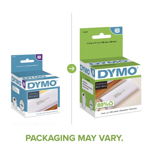 DYMO Authentic LW Mailing Address Labels | DYMO Labels for LabelWriter Label Printers (1-1/8" x 3-1/2"), 2 Rolls of 130 (260 Total)