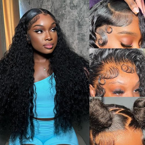 PUNUBO 13x6 Deep Wave Lace Front Wigs Human Hair Glueless Wigs Human Hair 180% Density HD Transparent Lace Front Wigs Human Hair Pre Plucked Bleached Knots Curly Lace Front Wig Human Hair 32 Inch