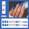 30Pcs Blue Press on Nails Short Almond Fake Nails French Tip Glue on Nails Glossy False Nails Blue Flowers Fake Nails Acrylic Nails Full Cover Artificial Nails Cute Stick on Nails for Women and Girls