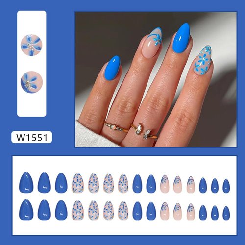 30Pcs Blue Press on Nails Short Almond Fake Nails French Tip Glue on Nails Glossy False Nails Blue Flowers Fake Nails Acrylic Nails Full Cover Artificial Nails Cute Stick on Nails for Women and Girls