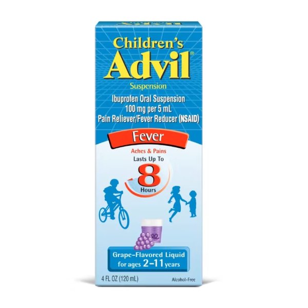 Children's Advil Suspension Ibuprofen 100mg Fast Pain Reliever and Fever Reducer Last up to 8 Hours Grape Flavor Liquid for Ages 2 to 11 Years - 3 Pack of 4 FL Oz Bottles