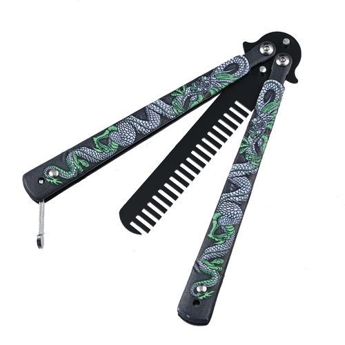 Folding Pocket Comb Stainless Steel Handle Folding Comb Portable Hair Combs Dragon Print Handle