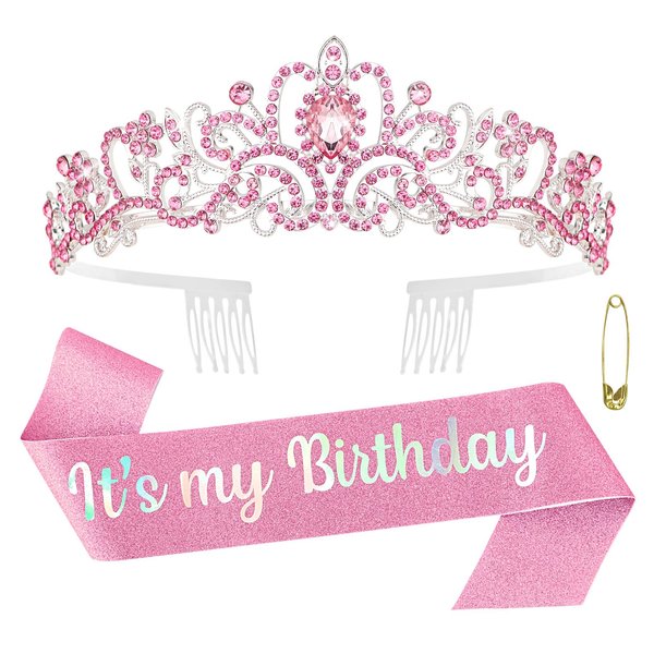 ACO-UINT Pink Birthday Crown for Women, Birthday Headband Birthday Sash Birthday Tiara, Birthday Girl Crown Birthday Queen Tiara Decorations Birthday Gifts