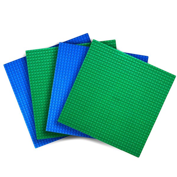Creative QT Toy Building Blocks Stackable Baseplates, Blue and Green, 4 Pack, 10"x10", Sturdy Bases for Play Table Top for Creative Structures, Compatible with All Major Brick Brands