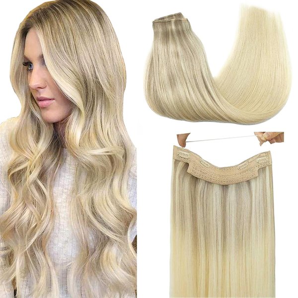 GOO GOO Wire Hair Extensions Real Human Hair, 16inch 95g Ash Blonde to Golden Mixed, Invisible Wire Hair Extensions with Transparent, Seamless Fish Line Hairpiece, Straight Remy Hair Extensions